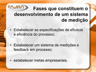 Fases que constituem o
desenvolvimento de um sistema
de medição
• Estabelecer as especificações de eficácia
e eficiência do processo;
• Estabelecer um sistema de medições e
feedback em processo;
• estabelecer metas empresariais.

 