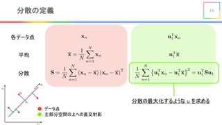 16分散の定義
●: データ点
●: 主部分空間の上への直交射影
<latexit sha1_base64="Qzkm+mLjibb1PpLMHFuZwd0BC80=">AAACR3icbVDLSgMxFM3UV62vUZdugkVwVWZEsBuh4MaVVLAP6LQlk2baYCYzJBmxDPN3bty68xfcuFDEpXfaCrb1hoRzz7mHJMePBdfGcV6twsrq2vpGcbO0tb2zu2fvHzR1lCjKGjQSkWr7RDPBJWsYbgRrx4qR0Bes5d9f5XrrgSnNI3lnxjHrhmQoecApMUD17Z4XgZy7cYq9kJiRHwB6xBmsS+wFilDoXehSfAOnp5MQ96GRIOd071eYM08nsr5ddirOpPAycGegjGZV79sv3iCiScikoYJo3XGd2HRTogyngmUlL9EsJvSeDFkHoCQh0910kkOGT4AZ4CBSsKXBE/avIyWh1uPQh8n8sXpRy8n/tE5igmo35TJODJN0elGQCGwinIeKB1wxasQYAKGKw1sxHRGIzkD0JQjBXfzyMmieVVzAt+flWnUWRxEdoWN0ilx0gWroGtVRA1H0hN7QB/q0nq1368v6no4WrJnnEM1VwfoBHHWskw==</latexit>
各データ点 <latexit sha1_base64="kWet215mws0gc0PAFPezHIQjejI=">AAAB8HicbZBNSwMxEIZn/az1q+rRS7AInsquCPZY8OKxgv2QtpRsOtuGJtklyYpl6a/w4kERr/4cb/4b03YP2vpC4OGdGTLzhongxvr+t7e2vrG5tV3YKe7u7R8clo6OmyZONcMGi0Ws2yE1KLjChuVWYDvRSGUosBWOb2b11iNqw2N1bycJ9iQdKh5xRq2zHrJuGJGnaV/1S2W/4s9FViHIoQy56v3SV3cQs1SiskxQYzqBn9heRrXlTOC02E0NJpSN6RA7DhWVaHrZfOEpOXfOgESxdk9ZMnd/T2RUGjORoeuU1I7Mcm1m/lfrpDaq9jKuktSiYouPolQQG5PZ9WTANTIrJg4o09ztStiIasqsy6joQgiWT16F5mUlcHx3Va5V8zgKcApncAEBXEMNbqEODWAg4Rle4c3T3ov37n0sWte8fOYE/sj7/AGydpBL</latexit>
平均
分散
<latexit sha1_base64="nBZNuhxCv7QajawVhbCYCkdUZSY=">AAACvXicrVFNbxMxEPUuBdrwFeixl1EjpHKg2q2QqJAQlbj0hIpo2krZNHid2cTU9q7sWSBa5U8iLvwbZpNU/eLISLbevDczHs/kldGBkuRPFN9bu//g4fpG59HjJ0+fdZ+/OAll7RX2VWlKf5bLgEY77JMmg2eVR2lzg6f5xcdWP/2OPujSHdOswqGVE6cLrSQxNer+zqykaV5AA19gDu8hK7xU7KXsNfCJ7yzUFkbsOJZb+vxSMFjQDlxV+MnkMnAOryEr+eG2L2ZuxnCq15MpvfofJc4vNW8ZHbfaqNtLdpOFwV2QrkBPrOxo1P2VjUtVW3SkjAxhkCYVDRvpSSuD805WB6ykupATHDB00mIYNovpz+ElM2MoSs/HESzY6xmNtCHMbM6RbZvhttaS/9IGNRX7w0a7qiZ0avlQURugEtpVwlh7VGRmDKTymnsFNZW8PuKFd3gI6e0v3wUne7sp489vegf7q3Gsiy2xLXZEKt6KA3EojkRfqOhd9DXS0bf4Q4yxid0yNI5WOZvihsU//gLZBM/O</latexit>
<latexit sha1_base64="gHewiudM/FIZDDqg0oEUoz04NvY=">AAACE3icbVDLSsNAFJ34rPVVdelmsAjioiQi2GXBjcsKfUETw2Q6aYdOJmFmIpYh/+DGX3HjQhG3btz5N07SLLT1wMDhnHOZe0+QMCqVbX9bK6tr6xubla3q9s7u3n7t4LAn41Rg0sUxi8UgQJIwyklXUcXIIBEERQEj/WB6nfv9eyIkjXlHzRLiRWjMaUgxUkbya+duhNQkCKGGKcx87WR3upBEZKQOzDLtGvch8024bjfsAnCZOCWpgxJtv/bljmKcRoQrzJCUQ8dOlKeRUBQzklXdVJIE4Skak6GhHEVEerq4KYOnRhnBMBbmcQUL9feERpGUsygwyXxduejl4n/eMFVh09OUJ6kiHM8/ClMGVQzzguCICoIVmxmCsKBmV4gnSCCsTI1VU4KzePIy6V00HMNvL+utZllHBRyDE3AGHHAFWuAGtEEXYPAInsEreLOerBfr3fqYR1escuYI/IH1+QNkTJ3Q</latexit>
<latexit sha1_base64="zNXuYBcpafRvBE/GO56EEQIohyc=">AAACGnicbVDLSsNAFJ3UV62vqEs3g0VwVRIR7LLgxmWFvqCpYTKdtEMnM2FmIpaQ73Djr7hxoYg7cePfOEmz0NYDA4dz7r1z7wliRpV2nG+rsra+sblV3a7t7O7tH9iHRz0lEolJFwsm5CBAijDKSVdTzcgglgRFASP9YHad+/17IhUVvKPnMRlFaMJpSDHSRvJt14uQngYhTGECMz91s7u0kGRkpA7MMk+Y/nx86pmyh8y3607DKQBXiVuSOijR9u1PbyxwEhGuMUNKDV0n1qMUSU0xI1nNSxSJEZ6hCRkaylFE1CgtTsvgmVHGMBTSPK5hof7uSFGk1DwKTGW+tVr2cvE/b5josDlKKY8TTThefBQmDGoB85zgmEqCNZsbgrCkZleIp0girE2aNROCu3zyKuldNFzDby/rrWYZRxWcgFNwDlxwBVrgBrRBF2DwCJ7BK3iznqwX6936WJRWrLLnGPyB9fUDWiChCQ==</latexit>
<latexit sha1_base64="5hEWmGdPmRQ+KyydmSGR33mKY7s=">AAADBXicnVLPb9MwFHYyGKOw0cFxF4sKaZdNyTSJXSpV4sIJDbFuk5ouclyntWY7kf2CqKJeuOxf2WUHEOLK/8CN/4aXNEj9wWV7kp3P3/c9+9l5Sa6kgyD44/kbjx5vPtl62nr2fHvnRXv35bnLCstFn2cqs5cJc0JJI/ogQYnL3AqmEyUukut3lX7xWVgnM3MG01wMNRsbmUrOAKl419uLUss4LWlIZzh/wDlyhaYxLgzt1vTVP0GJFKKSRprBJEmRLZCNm+TKVStWIzpDZrbg/NI4DX4P7rNDhuVXt6Plym6oWTmeQDRPPEKi+6DSPi2tFvLidic4DOqg6yBsQIc0cRq3f0ejjBdaGOCKOTcIgxyGJbMguRKzVlQ4kTN+zcZigNAwLdywrP/ijL5BZkTTzOIwQGt2MaNk2rmpTtBZFetWtYr8nzYoID0ZltLkBQjD5welhaKQ0aol6EhawUFNETBuJdZK+YRhVwA2TgsfIVy98jo4PzoMEX887vROmufYInvkNdknIXlLeuQ9OSV9wr2v3q33zfvu3/h3/g//59zqe03OK7IU/q+/Q3bmqA==</latexit>
分散の最大化するような u を求める
 