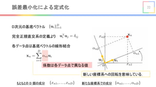 22誤差最小化による定式化
<latexit sha1_base64="C1NPH1bFJ97eeCQcbn3CeXWOpm4=">AAACO3icbVA9SwNBEN2LXzF+nVraLAbBKtyJYBohYGMZJV+QxLC3t5es2b07dveEcNz/svFP2NnYWChia+8kuUITB5b3eG+GnXleLLg2jvNiFVZW19Y3ipulre2d3T17/6Clo0RR1qSRiFTHI5oJHrKm4UawTqwYkZ5gbW98NfXbD0xpHoUNM4lZX5JhyANOiQFpYN/2JDEjL8ApTnCGB4Ac8A5w5igJrAFKhpc77wEvcc9nwpB8FKSBXXYqzqzwMnFzUkZ51Qf2c8+PaCJZaKggWnddJzb9lCjDqWBZqZdoFhM6JkPWBRoSyXQ/nd2e4RNQfBxECl5o8Ez9PZESqfVEetA53V8velPxP6+bmKDaT3kYJ4aFdP5RkAhsIjwNEvtcMWrEBAihisOumI6IItRA3CUIwV08eZm0ziou8Jvzcq2ax1FER+gYnSIXXaAaukZ11EQUPaJX9I4+rCfrzfq0vuatBSufOUR/yvr+AezvqcA=</latexit>
D次元の基底ベクトル <latexit sha1_base64="OQ2A3SAe13sAdayiyUVf1v9ssjU=">AAACAHicbZC7SgNBFIbPxluMt1ULC5vBIFiFXRFMIwS0sIxgLpCNy+xkNhkye2FmVgjDNr6KjYUitj6GnW/jJNlCE38Y+PjPOZw5f5ByJpXjfFulldW19Y3yZmVre2d3z94/aMskE4S2SMIT0Q2wpJzFtKWY4rSbCoqjgNNOML6e1juPVEiWxPdqktJ+hIcxCxnByli+feRp7QUhynKfebmv2ZWbP+ib3LerTs2ZCS2DW0AVCjV9+8sbJCSLaKwIx1L2XCdVfY2FYoTTvOJlkqaYjPGQ9gzGOKKyr2cH5OjUOAMUJsK8WKGZ+3tC40jKSRSYzgirkVysTc3/ar1MhfW+ZnGaKRqT+aIw40glaJoGGjBBieITA5gIZv6KyAgLTJTJrGJCcBdPXob2ec01fHdRbdSLOMpwDCdwBi5cQgNuoQktIJDDM7zCm/VkvVjv1se8tWQVM4fwR9bnD8THlng=</latexit>
完全正規直交系の定義より
各データ点は基底ベクトルの線形結合
係数は各データ点で異なる値
<latexit sha1_base64="5MISuVoWCeJVUxCMHkQz+XRThsQ=">AAACQHicbVDLSsNAFJ3UV62vqEs3g0VwVRIR7EYo6MJlBfuAppbJdNIOnUzCzEQsoZ/mxk9w59qNC0XcuvKmDaKtF4Z77rnPOX4suDaO82wVlpZXVteK66WNza3tHXt3r6mjRFHWoJGIVNsnmgkuWcNwI1g7VoyEvmAtf3SR5Vt3TGkeyRszjlk3JAPJA06JAapnt7yQmKEf4BTf4wnugZfgz7Gnk3AacghcoG4BX4L3iIiHJK/kGfEzIcknANuzy07FmRpeBG4Oyii3es9+8voRTUImDRVE647rxKabEmU4FWxS8hLNYkJHZMA6ACUJme6mUwEm+AiYPg4iBU8aPGV/d6Qk1Hoc+lCZHavncxn5X66TmKDaTbmME8MknS0KEoFNhDM1cZ8rRo0YAyBUcbgV0yFRhBrQvAQiuPNfXgTNk4oL+Pq0XKvmchTRATpEx8hFZ6iGrlAdNRBFD+gFvaF369F6tT6sz1lpwcp79tEfs76+AaTDqms=</latexit>
<latexit sha1_base64="kWet215mws0gc0PAFPezHIQjejI=">AAAB8HicbZBNSwMxEIZn/az1q+rRS7AInsquCPZY8OKxgv2QtpRsOtuGJtklyYpl6a/w4kERr/4cb/4b03YP2vpC4OGdGTLzhongxvr+t7e2vrG5tV3YKe7u7R8clo6OmyZONcMGi0Ws2yE1KLjChuVWYDvRSGUosBWOb2b11iNqw2N1bycJ9iQdKh5xRq2zHrJuGJGnaV/1S2W/4s9FViHIoQy56v3SV3cQs1SiskxQYzqBn9heRrXlTOC02E0NJpSN6RA7DhWVaHrZfOEpOXfOgESxdk9ZMnd/T2RUGjORoeuU1I7Mcm1m/lfrpDaq9jKuktSiYouPolQQG5PZ9WTANTIrJg4o09ztStiIasqsy6joQgiWT16F5mUlcHx3Va5V8zgKcApncAEBXEMNbqEODWAg4Rle4c3T3ov37n0sWte8fOYE/sj7/AGydpBL</latexit>
<latexit sha1_base64="YPwKtLQgtE3voBl+sHzc6tu9sSc=">AAAB8nicbZBNSwMxEIZn/az1q+rRS7AInsquCPZY8OKxgv2AdimzabYNzSZLkhXK0p/hxYMiXv013vw3pu0etPWFwMM7M2TmjVLBjfX9b29jc2t7Z7e0V94/ODw6rpycto3KNGUtqoTS3QgNE1yyluVWsG6qGSaRYJ1ocjevd56YNlzJRztNWZjgSPKYU7TO6vVRpGMc5DKYDSpVv+YvRNYhKKAKhZqDyld/qGiWMGmpQGN6gZ/aMEdtORVsVu5nhqVIJzhiPYcSE2bCfLHyjFw6Z0hipd2Tlizc3xM5JsZMk8h1JmjHZrU2N/+r9TIb18OcyzSzTNLlR3EmiFVkfj8Zcs2oFVMHSDV3uxI6Ro3UupTKLoRg9eR1aF/XAscPN9VGvYijBOdwAVcQwC004B6a0AIKCp7hFd486714797HsnXDK2bO4I+8zx9KM5E2</latexit>
<latexit sha1_base64="RCtQ7H/qW2HEFP57dtz3hYCTYCA=">AAAB8nicbZBNS8NAEIYn9avWr6pHL4tF8FSSIthjwYvHCvYD0lA22027dLMJuxOhhP4MLx4U8eqv8ea/cdvmoK0vLDy8M8POvGEqhUHX/XZKW9s7u3vl/crB4dHxSfX0rGuSTDPeYYlMdD+khkuheAcFSt5PNadxKHkvnN4t6r0nro1I1CPOUh7EdKxEJBhFa/kDKtMJHeaqMR9Wa27dXYpsgldADQq1h9WvwShhWcwVMkmN8T03xSCnGgWTfF4ZZIanlE3pmPsWFY25CfLlynNyZZ0RiRJtn0KydH9P5DQ2ZhaHtjOmODHrtYX5X83PMGoGuVBphlyx1UdRJgkmZHE/GQnNGcqZBcq0sLsSNqGaMrQpVWwI3vrJm9Bt1D3LDze1VrOIowwXcAnX4MEttOAe2tABBgk8wyu8Oei8OO/Ox6q15BQz5/BHzucPS7iRNw==</latexit>
<latexit sha1_base64="Mkw12ox66wLBlhtmBMcc/KEZa8Y=">AAAB7XicbZBNSwMxEIZn/az1q+rRS7AInsquCPZY8OKxgv2AtpRsOtvGZpMlyYpl6X/w4kERr/4fb/4b03YP2vpC4OGdGTLzhongxvr+t7e2vrG5tV3YKe7u7R8clo6Om0almmGDKaF0O6QGBZfYsNwKbCcaaRwKbIXjm1m99YjacCXv7STBXkyHkkecUeus5lM/k8G0Xyr7FX8usgpBDmXIVe+XvroDxdIYpWWCGtMJ/MT2MqotZwKnxW5qMKFsTIfYcShpjKaXzbedknPnDEiktHvSkrn7eyKjsTGTOHSdMbUjs1ybmf/VOqmNqr2MyyS1KNnioygVxCoyO50MuEZmxcQBZZq7XQkbUU2ZdQEVXQjB8smr0LysBI7vrsq1ah5HAU7hDC4ggGuowS3UoQEMHuAZXuHNU96L9+59LFrXvHzmBP7I+/wBmyePGg==</latexit>
<latexit sha1_base64="OeaawEh8OijfvDVYOEiXywFrOXU=">AAAB7XicbZDLSgMxFIZP6q3WW9Wlm2ARXJWZIthlwY3LCvYC7VAyaaaNzSRDkhHL0Hdw40IRt76PO9/GtJ2Ftv4Q+PjPOeScP0wEN9bzvlFhY3Nre6e4W9rbPzg8Kh+ftI1KNWUtqoTS3ZAYJrhkLcutYN1EMxKHgnXCyc283nlk2nAl7+00YUFMRpJHnBLrrPbTIJO12aBc8areQngd/BwqkKs5KH/1h4qmMZOWCmJMz/cSG2REW04Fm5X6qWEJoRMyYj2HksTMBNli2xm+cM4QR0q7Jy1euL8nMhIbM41D1xkTOzartbn5X62X2qgeZFwmqWWSLj+KUoGtwvPT8ZBrRq2YOiBUc7crpmOiCbUuoJILwV89eR3atarv+O6q0qjncRThDM7hEny4hgbcQhNaQOEBnuEV3pBCL+gdfSxbCyifOYU/Qp8/nKyPGw==</latexit>
<latexit sha1_base64="dmkWiF/WObZg/13ZckxC73RvUjA=">AAAB8HicbZBNSwMxEIZn61etX1WPXoJF8FR2RbDHghePFeyHtKVk09k2NMkuSVYoS3+FFw+KePXnePPfmLZ70NYXAg/vzJCZN0wEN9b3v73CxubW9k5xt7S3f3B4VD4+aZk41QybLBax7oTUoOAKm5ZbgZ1EI5WhwHY4uZ3X20+oDY/Vg50m2Jd0pHjEGbXOesx6YUTS2SAYlCt+1V+IrEOQQwVyNQblr94wZqlEZZmgxnQDP7H9jGrLmcBZqZcaTCib0BF2HSoq0fSzxcIzcuGcIYli7Z6yZOH+nsioNGYqQ9cpqR2b1drc/K/WTW1U62dcJalFxZYfRakgNibz68mQa2RWTB1QprnblbAx1ZRZl1HJhRCsnrwOratq4Pj+ulKv5XEU4QzO4RICuIE63EEDmsBAwjO8wpunvRfv3ftYtha8fOYU/sj7/AFRbZAL</latexit>
<latexit sha1_base64="hB3eIEvdn9cnPB/q9xjPbGG4vU8=">AAAB8HicbZBNSwMxEIZn/az1q+rRS7AInspuEeyx4MVjBfshbSnZNNuGJtklmRXK0l/hxYMiXv053vw3pu0etPWFwMM7M2TmDRMpLPr+t7exubW9s1vYK+4fHB4dl05OWzZODeNNFsvYdEJquRSaN1Gg5J3EcKpCydvh5HZebz9xY0WsH3Ca8L6iIy0iwSg66zHrhRFJZ4PqoFT2K/5CZB2CHMqQqzEoffWGMUsV18gktbYb+An2M2pQMMlnxV5qeULZhI5416Gmitt+tlh4Ri6dMyRRbNzTSBbu74mMKmunKnSdiuLYrtbm5n+1bopRrZ8JnaTINVt+FKWSYEzm15OhMJyhnDqgzAi3K2FjaihDl1HRhRCsnrwOrWolcHx/Xa7X8jgKcA4XcAUB3EAd7qABTWCg4Ble4c0z3ov37n0sWze8fOYM/sj7/AFS8ZAM</latexit>
新しい座標系への回転を意味している．
<latexit sha1_base64="Zd8BBI7tVkbql1SHsI/MafJUNTI=">AAACG3icbVDLSgMxFM3UV62vqks3wSK4kDJTBLss6MJlBfuAzjBk0kwbmskMyR2xDPMfbvwVNy4UcSW48G9MH4K2Hgg5nHPvTe4JEsE12PaXVVhZXVvfKG6WtrZ3dvfK+wdtHaeKshaNRay6AdFMcMlawEGwbqIYiQLBOsHocuJ37pjSPJa3ME6YF5GB5CGnBIzkl2uuYCG4Gb7HPs6wxA7O8Rl2+zFoc/+oV0Z1FR8Mwc39csWu2lPgZeLMSQXN0fTLH2YcTSMmgQqidc+xE/AyooBTwfKSm2qWEDoiA9YzVJKIaS+b7pbjE6P0cRgrcyTgqfq7IyOR1uMoMJURgaFe9Cbif14vhbDuZVwmKTBJZw+FqcAQ40lQuM8VoyDGhhCquPkrpkOiCAUTZ8mE4CyuvEzatapj+M15pVGfx1FER+gYnSIHXaAGukZN1EIUPaAn9IJerUfr2Xqz3melBWvec4j+wPr8Bs/tniM=</latexit>
もともとの D 個の成分 <latexit sha1_base64="nI5GP9PVkhFLAHqTc4LjyH8NVw0=">AAACJHicbVDLSsNAFJ34tr6qLt1cLIILKYkIFtwIunBZwarQhDCZTtqhk0mYuRFKyMe48VfcuPCBCzd+i5O2C18Hhjmcc++duSfKpDDouh/OzOzc/MLi0nJtZXVtfaO+uXVt0lwz3mGpTPVtRA2XQvEOCpT8NtOcJpHkN9HwrPJv7rg2IlVXOMp4kNC+ErFgFK0U1k98yWP0C/CpzAYUQihAgQclHIDfS9FU93frHEpfi/4A/TKsN9ymOwb8Jd6UNMgU7bD+akeyPOEKmaTGdD03w6CgGgWTvKz5ueEZZUPa511LFU24CYrxkiXsWaUHcartUQhj9XtHQRNjRklkKxOKA/Pbq8T/vG6OcSsohMpy5IpNHopzCZhClRj0hOYM5cgSyrSwfwU2oJoytLnWbAje75X/kuvDpmf55VHjtDWNY4nskF2yTzxyTE7JBWmTDmHknjySZ/LiPDhPzpvzPimdcaY92+QHnM8vcRWiMQ==</latexit>
新たな座標系での成分
 