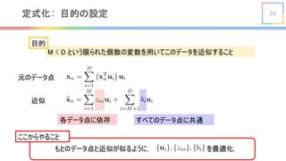24定式化: 目的の設定
元のデータ点
M < D という限られた個数の変数を用いてこのデータを近似すること
目的
<latexit sha1_base64="VXtDWVAem+J8qXmCgxuaaaTVonM=">AAACiXicbZHbSsQwEIbTel5Pq156E1wEQZFWPCyCIOiFN4KCq8J2XdJ06gbTtCSpupZ9F5/JO9/G6VrPTinz5Z/503QSZlIY63mvjjsyOjY+MTlVm56ZnZuvLyxemjTXHFo8lam+DpkBKRS0rLASrjMNLAklXIV3R2X96h60Eam6sP0MOgm7VSIWnFmUuvXn4EFEYIWMgBY0SJjthTHSIx3g00VSmA9oYPJkuBS48FG6QT7F/FQ1CeQve16ZS3X9p/kUhY8NjjGHn43/2rv1hrfpDYP+Bb+CBqnirFt/CaKU5wkoyyUzpu17me0UTFvBJQxqQW4gY/yO3UIbUbEETKcYTnJAV1GJaJxqfJWlQ/W7o2CJMf0kxM7ysOZ3rRT/q7VzGzc7hVBZbkHx9w/FuaQ2peW10Eho4Fb2ERjXAs9KeY9pxi1eXg2H4P/+5b9wubXpI59vNw6b1TgmyTJZIWvEJ3vkkJyQM9Ii3Bl3NpwdZ9eddn236e6/t7pO5VkiP8I9egMRzbl3</latexit>
<latexit sha1_base64="9ZtRb/zsSMmi/2ZoDTWzA3WUUME=">AAACfnicbVFNj9MwEHUCC6XLQheOXAzVoi5oS4KQ6AWpEhw4FqlfUtOtHNdprdpOZE9WVFF/Bn+MG7+FC5M0h7LtSNa8ee+NPB7HmZIOguCP5z94ePboceNJ8/zpxbPnrcsXY5fmlosRT1VqpzFzQkkjRiBBiWlmBdOxEpN487XUJ3fCOpmaIWwzMddsZWQiOQOkFq1fkWawjhNa0J90RxeYDeYvNHK5rkqJRYjULeJvmCMlEujQ032lqVKsRjREZnfgzGunLFkrV2u4Pq0uWu2gG1RBj0FYgzapY7Bo/Y6WKc+1MMAVc24WBhnMC2ZBciV2zSh3ImN8w1ZihtAwLdy8qNa3o1fILGmSWjwGaMUedhRMO7fVMTrLYd19rSRPabMckt68kCbLQRi+vyjJFYWUln9Bl9IKDmqLgHErcVbK18wyDvhjTVxCeP/Jx2D8sRsi/vGp3e/V62iQV+QN6ZCQfCZ98p0MyIhw8td77b3z3vvEf+vf+B/2Vt+re16S/8Lv/QMqpLkG</latexit>
近似
すべてのデータ点に共通各データ点に依存
もとのデータ点と近似が似るように， を最適化．<latexit sha1_base64="UAr+jQdqFyBuFEXNExzAabu0KfU=">AAACC3icbZDLSsNAFIYn9VbrLerSzdAiuJCSiGCXBTcuK9gLNCFMppN26GQSZiZCHbJ346u4caGIW1/AnW/jpM1CW38Y+PjPOZw5f5gyKpXjfFuVtfWNza3qdm1nd2//wD486skkE5h0ccISMQiRJIxy0lVUMTJIBUFxyEg/nF4X9f49EZIm/E7NUuLHaMxpRDFSxgrsuqe1F0YwywPq5efQ0w+B5jRfcFiYgd1wms5ccBXcEhqgVCewv7xRgrOYcIUZknLoOqnyNRKKYkbympdJkiI8RWMyNMhRTKSv57fk8NQ4Ixglwjyu4Nz9PaFRLOUsDk1njNRELtcK87/aMFNRy9eUp5kiHC8WRRmDKoFFMHBEBcGKzQwgLKj5K8QTJBBWJr6aCcFdPnkVehdN1/DtZaPdKuOoghNQB2fABVegDW5AB3QBBo/gGbyCN+vJerHerY9Fa8UqZ47BH1mfP+Simug=</latexit>
ここからやること
 