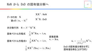 45NxN から DxD の固有値分解へ
データ行列 <latexit sha1_base64="p5iV1arBYreEJZ1WLFdFFwgFq9Y=">AAAB7nicbZBNSwMxEIZn/az1q+rRS7AInsquCPZY8OKxgv2AdinZNNuGJtklmRXK0h/hxYMiXv093vw3pu0etPWFwMM7M2TmjVIpLPr+t7exubW9s1vaK+8fHB4dV05O2zbJDOMtlsjEdCNquRSat1Cg5N3UcKoiyTvR5G5e7zxxY0WiH3Ga8lDRkRaxYBSd1cn7UUy6s0Gl6tf8hcg6BAVUoVBzUPnqDxOWKa6RSWptL/BTDHNqUDDJZ+V+ZnlK2YSOeM+hporbMF+sOyOXzhmSODHuaSQL9/dETpW1UxW5TkVxbFdrc/O/Wi/DuB7mQqcZcs2WH8WZJJiQ+e1kKAxnKKcOKDPC7UrYmBrK0CVUdiEEqyevQ/u6Fjh+uKk26kUcJTiHC7iCAG6hAffQhBYwmMAzvMKbl3ov3rv3sWzd8IqZM/gj7/MH+1uPSg==</latexit>
<latexit sha1_base64="1ImZBmv85r/hmfM2zgxlVhIKzZY=">AAACP3icbVA9SwNBEN3zM8avqKXNYhBiYbgTwZQBG8sI+YJcDHubvWTJ3t6xOyeGI//Mxr9gZ2tjoYitnXvJCSZxYJnHezOzM8+LBNdg2y/Wyura+sZmbiu/vbO7t184OGzqMFaUNWgoQtX2iGaCS9YADoK1I8VI4AnW8kbXqd66Z0rzUNZhHLFuQAaS+5wSMFSv0HQF86GE3YDA0PNxgh/wBPdMliafYzc03elww8zXTLCr+GAIZ/juV1OBQfVU6xWKdtmeBl4GTgaKKItar/Ds9kMaB0wCFUTrjmNH0E2IAk4Fm+TdWLOI0BEZsI6BkgRMd5Pp/RN8apg+9kNlngQ8Zf92JCTQehx4pjJdUy9qKfmf1onBr3QTLqMYmKSzj/xYYAhxaibuc8UoiLEBhCpudsV0SBShYCzPGxOcxZOXQfOi7Bh8e1msVjI7cugYnaASctAVqqIbVEMNRNEjekXv6MN6st6sT+trVrpiZT1HaC6s7x/8tKx8</latexit>
第n行
<latexit sha1_base64="wliKsg5peq0eLibf43waTAm5ULI=">AAACaHicbVFLSwMxEM6ur9r6WF+IeAktgqeyK4K9CAUvnqRCX9BdSzbNtqHZB0lWKEvxP3rzB3jxVzhtFx9tBzLzzTczZPLFTwRX2rY/DHNjc2t7p7BbLO3tHxxaR8dtFaeSshaNRSy7PlFM8Ii1NNeCdRPJSOgL1vHHD7N655VJxeOoqScJ80IyjHjAKdFA9a03N5CE4gw7eAr+CbwbEj3yA8i6kL1AnDMyBNQEZrnjN0sh60PkEO+xK2CNAflh1vb1rYpdteeGV4GTgwrKrdG33t1BTNOQRZoKolTPsRPtZURqTgWbFt1UsYTQMRmyHsCIhEx52VyoKb4CZoCDWMKJNJ6zfycyEio1CX3onC2rlmszcl2tl+qg5mU8SlLNIrq4KEgF1jGeqY4HXDKqxQQAoZLDrpiOCCiv4W+KIIKz/ORV0L6pOoCfbyv1Wi5HAV2iMrpGDrpDdfSIGqiFKPo0SsapcWZ8mZZ5bl4sWk0jnzlB/8wsfwMaYLLY</latexit>
<latexit sha1_base64="eib8iymPlvWnOhkh02uTrEXzFPY=">AAACNHicbZBNSwMxEIazftb6terRS7AIXiy7ItiLUPAiCFKxX9CuJZtm29AkuyRZoSz9UV78IV5E8KCIV3+D2e2C2joQeOadGTLz+hGjSjvOi7WwuLS8slpYK65vbG5t2zu7TRXGEpMGDlko2z5ShFFBGppqRtqRJIj7jLT80UVab90TqWgo6nocEY+jgaABxUgbqWdfdTnSQz+ACbyFE3gOr+Gd4WPomuyn1jZZqmeK5IbqRpnp6Nklp+xkAefBzaEE8qj17KduP8QxJ0JjhpTquE6kvQRJTTEjk2I3ViRCeIQGpGNQIE6Ul2RHT+ChUfowCKV5QsNM/T2RIK7UmPumM11SzdZS8b9aJ9ZBxUuoiGJNBJ5+FMQM6hCmDsI+lQRrNjaAsKRmV4iHSCKsjc9FY4I7e/I8NE/KruGb01K1kttRAPvgABwBF5yBKrgENdAAGDyAZ/AG3q1H69X6sD6nrQtWPrMH/oT19Q3trabK</latexit>
<latexit sha1_base64="+3fB09w2SskEEpQHZXxNKyOs7Hk=">AAAConiclVFLSwMxEM6ur1pfVY8eDFZBL7Irgl6EggjioVa0D+jWkk2zbTD7IJkVytIf5t/w5r9xti2orR4cyMw338wkkxk/UdKA43xY9sLi0vJKYbW4tr6xuVXa3mmYONVc1HmsYt3ymRFKRqIOEpRoJVqw0Fei6b9c5/Hmq9BGxtETDBPRCVk/koHkDJDqlt68QDNOM+rSEeoqai9kMPAD9Fpz3jPaMaNDRE/IYIYSARz/WZai10Urc1bL/gBO6BUWYY899hX59yXdUtk5dcZC54E7BWUylVq39O71Yp6GIgKumDFt10mgkzENkisxKnqpEQnjL6wv2ggjFgrTycYjHtEjZHo0iDWeCOiY/V6RsdCYYehjZt60mY3l5G+xdgrBZSeTUZKCiPjkoSBVFGKa74v2pBYc1BAB41pir5QPGO4McKtFHII7++V50Dg7dRE/nJcrl9NxFMgeOSDHxCUXpEJuSY3UCbf2rRurat3bh/ad/WA/TlJta1qzS36I7X0COPzGfg==</latexit>
<latexit sha1_base64="AuzxghpdK7eAXYSAtCOmrC9nbzg=">AAACaHicbVFLSwMxEM6ur9r6WF+IeAktgqeyK4K9CAUvnqRCX9BdSzbNtqHZB0m2UJbif/TmD/Dir3DaLqJtBzLzzTczZPLFTwRX2rY/DXNre2d3r7BfLB0cHh1bJ6dtFaeSshaNRSy7PlFM8Ii1NNeCdRPJSOgL1vHHT/N6Z8Kk4nHU1NOEeSEZRjzglGig+ta7G0hCcYYdPAP/At4NiR75AWTdtewN4oKRIaAmMH87JpD1IXKIj9gVsMaA/DIb+/pWxa7aC8PrwMlBBeXW6Fsf7iCmacgiTQVRqufYifYyIjWngs2KbqpYQuiYDFkPYERCprxsIdQM3wAzwEEs4UQaL9i/ExkJlZqGPnTOl1WrtTm5qdZLdVDzMh4lqWYRXV4UpALrGM9VxwMuGdViCoBQyWFXTEcElNfwN0UQwVl98jpo31UdwK/3lXotl6OArlEZ3SIHPaA6ekYN1EIUfRkl49y4ML5Ny7w0r5atppHPnKF/ZpZ/ACBasto=</latexit>
<latexit sha1_base64="rq/ezm8kA6TleEJttyzWW65QiYM=">AAACJHicbVBLS8NAEJ7UV62vqEcvi0XwVBIRLIhQ8OKxgn1AG8pmu2mXbjZhd1MooT/Gi3/FiwcfePDib3HTBqqtA8t888037Mznx5wp7ThfVmFtfWNzq7hd2tnd2z+wD4+aKkokoQ0S8Ui2fawoZ4I2NNOctmNJcehz2vJHt1m/NaZSsUg86ElMvRAPBAsYwdpQPfu6G2I99AOUojGaop7JzOQbtODbpl5UyULVs8tOxZkFWgVuDsqQR71nv3f7EUlCKjThWKmO68TaS7HUjHA6LXUTRWNMRnhAOwYKHFLlpbMjp+jMMH0URNI8odGM/T2R4lCpSegbZbasWu5l5H+9TqKDqpcyESeaCjL/KEg40hHKHEN9JinRfGIAJpKZXREZYomJNr6WjAnu8smroHlRcQ2+vyzXqrkdRTiBUzgHF66gBndQhwYQeIRneIU368l6sT6sz7m0YOUzx/AnrO8fxhShwQ==</latexit>
共分散行列
固有ベクトル方程式
変数変換
固有ベクトル方程式*
<latexit sha1_base64="LkzN3ss2wZ/mdAtZTXpMuxWbmw8=">AAACGHicbZBNS8NAEIYnftb6FfXoZbEInmoigj0WvHis0C9oY9lsN+3SzSbsboQS+jO8+Fe8eFDEa2/+GzdpDrZ1YNmHd2aYmdePOVPacX6sjc2t7Z3d0l55/+Dw6Ng+OW2rKJGEtkjEI9n1saKcCdrSTHPajSXFoc9px5/cZ/nOM5WKRaKppzH1QjwSLGAEayMN7Ot+iPXYD1CKumiGnsyfKzI01DTKDC1VDOyKU3XyQOvgFlCBIhoDe94fRiQJqdCEY6V6rhNrL8VSM8LprNxPFI0xmeAR7RkUOKTKS/PDZujSKEMURNI8oVGu/u1IcajUNPRNZbakWs1l4n+5XqKDmpcyESeaCrIYFCQc6QhlLqEhk5RoPjWAiWRmV0TGWGKijZdlY4K7evI6tG+qruHH20q9VthRgnO4gCtw4Q7q8AANaAGBF3iDD/i0Xq1368v6XpRuWEXPGSyFNf8FP6ed+g==</latexit>
<latexit sha1_base64="adrmjma4H6XIDe+VpVVwdosbdJ0=">AAACGHicbZA9T8MwEIYvfJbyFWBksaiQmEqCkOhYiYWxSP2S2lA5rtNadZzIdpCqqD+Dhb/CwgBCrN34NzhpBtpykuXH793Jd68fc6a04/xYG5tb2zu7pb3y/sHh0bF9ctpWUSIJbZGIR7LrY0U5E7Slmea0G0uKQ5/Tjj+5z/KdZyoVi0RTT2PqhXgkWMAI1kYa2NeoH2I99gOUoi6aLT3Qk7lzRYaGmkaZDeyKU3XyQOvgFlCBIhoDe94fRiQJqdCEY6V6rhNrL8VSM8LprNxPFI0xmeAR7RkUOKTKS/PFZujSKEMURNIcoVGu/u1IcajUNPRNZTamWs1l4n+5XqKDmpcyESeaCrL4KEg40hHKXEJDJinRfGoAE8nMrIiMscREGy/LxgR3deV1aN9UXcOPt5V6rbCjBOdwAVfgwh3U4QEa0AICL/AGH/BpvVrv1pf1vSjdsIqeM1gKa/4LP3+d+g==</latexit>
: DxD
: NxN
<latexit sha1_base64="KSXU5ptEn3wBTXGxsv6ZosZrF6Q=">AAACdXicbVFNaxsxENVumsZ1v5zkEgiFqd2W9GLvhkB8KRhy6SkkECcGr2O0stYW0X4gzQbM4n+QX5db/0YuvXZ2bdLG7oDQm/fejKRRmGll0fN+Oe7Wq+3XO7U39bfv3n/42Njdu7ZpboTsi1SnZhByK7VKZB8VajnIjORxqOVNeHdW6jf30liVJlc4z+Qo5tNERUpwJGrceAhijrMwggJyWMCYdkX7DwgiwwVlPmUFBFpGeATnBKj3hD8bA6OmM/wOt5W1A8fEEfvcdEBZqVWMiQldrTnu/x47brS8tlcFbAJ/BVpsFRfjxmMwSUUeywSF5tYOfS/DUcENKqHloh7kVmZc3PGpHBJMeCztqKimtoCvxEwgSg2tBKFi/60oeGztPA7JWV7Wrmsl+T9tmGPUHRUqyXKUiVgeFOUaMIXyC2CijBSo5wS4MIruCmLGadxIH1WnIfjrT94E18dtn/DlSavXXY2jxg5Zkx0xn52yHvvJLlifCfbkHDifnabz2/3kfnG/La2us6rZZy/C7fwBklC2dw==</latexit>
DxD の固有値分解をせずに
固有値を得ることができた!
 