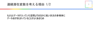 5連続潜在変数を考える理由 1/2
もともとデータが入っていた空間よりはるかに低い次元の多様体に
データ点がまとまっていることがよくあるため
 