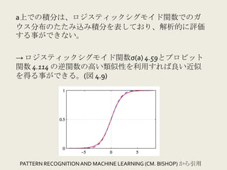 a上での積分は、ロジスティックシグモイド関数でのガ
ウス分布のたたみ込み積分を表しており、解析的に評価
する事ができない。

→ ロジスティックシグモイド関数σ(a)	
  4.59とプロビット
関数 4.114	
  の逆関数の高い類似性を利用すれば良い近似
を得る事ができる。(図	
  4.9)




PATTERN	
  RECOGNITION	
  AND	
  MACHINE	
  LEARNING	
  (CM.	
  BISHOP)	
  から引用
 