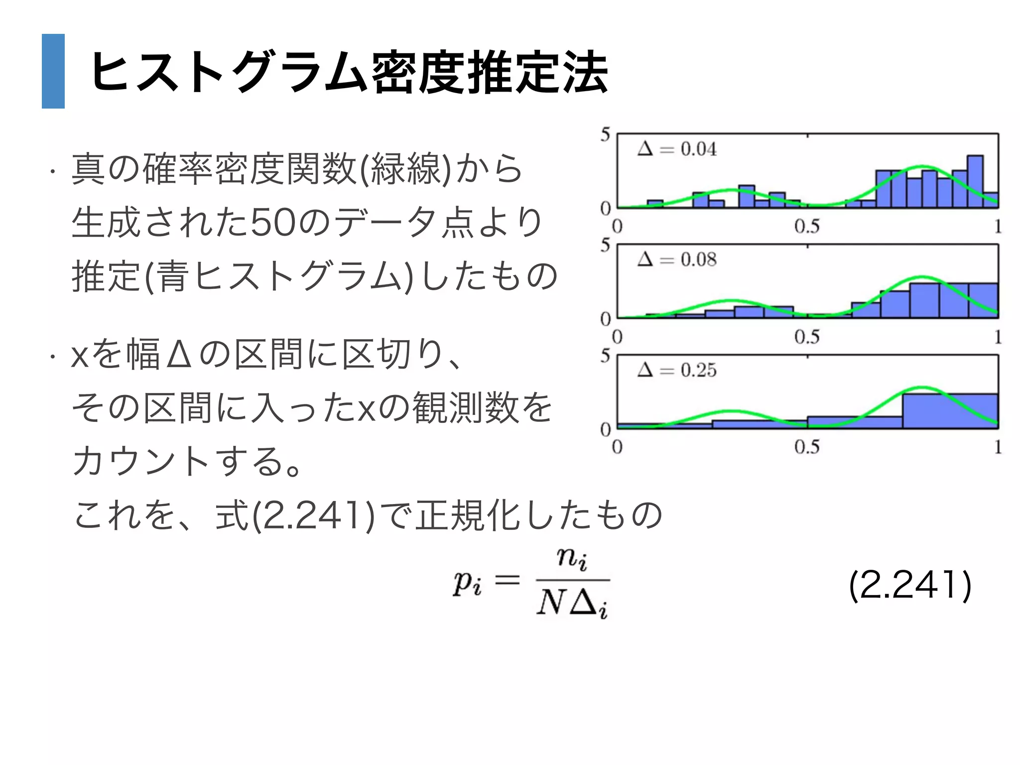 ヒストグラム密度推定法
• 真の確率密度関数(緑線)から 
生成された50のデータ点より 
推定(青ヒストグラム)したもの
• xを幅Δの区間に区切り、 
その区間に入ったxの観測数を 
カウントする。 
これを、式(2.241)で正規化したもの
(2.241)
 