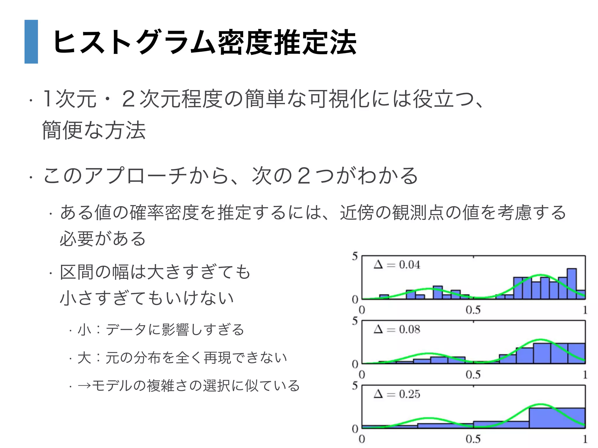 ヒストグラム密度推定法
• 1次元・２次元程度の簡単な可視化には役立つ、 
簡便な方法
• このアプローチから、次の２つがわかる
• ある値の確率密度を推定するには、近傍の観測点の値を考慮する
必要がある
• 区間の幅は大きすぎても 
小さすぎてもいけない
• 小：データに影響しすぎる
• 大：元の分布を全く再現できない
• →モデルの複雑さの選択に似ている
 
