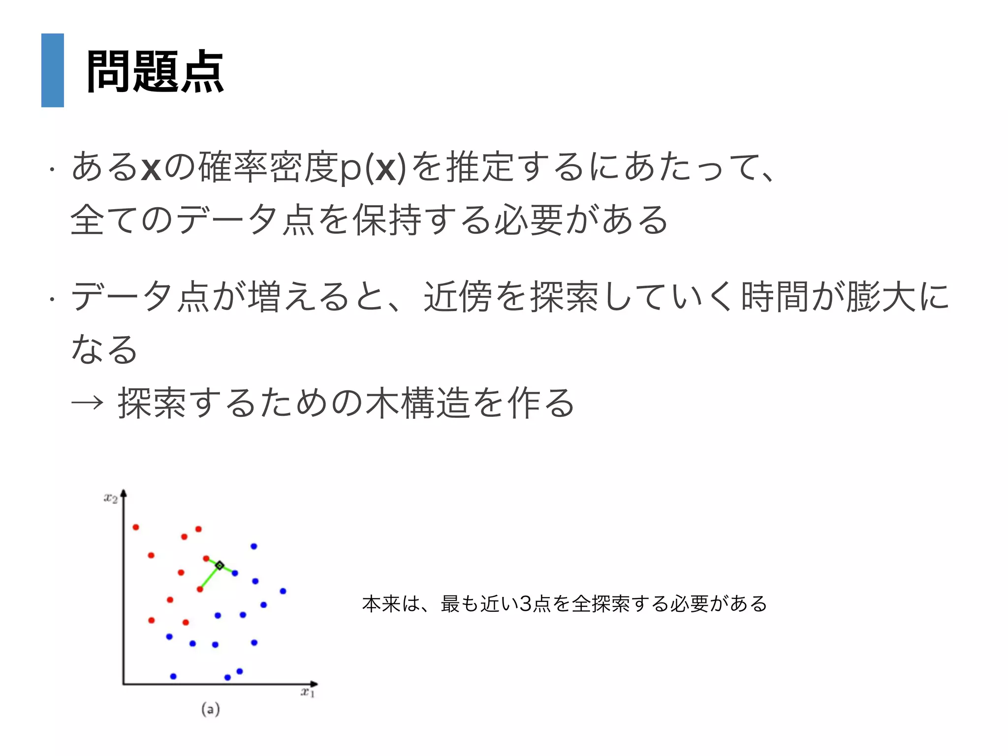 問題点
• あるxの確率密度p(x)を推定するにあたって、 
全てのデータ点を保持する必要がある
• データ点が増えると、近傍を探索していく時間が膨大に
なる 
→ 探索するための木構造を作る
本来は、最も近い3点を全探索する必要がある
 