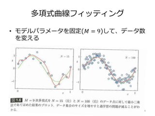 多項式曲線フィッティング
• モデルパラメータを固定(𝑀 = 9)して、データ数
を変える
16
 