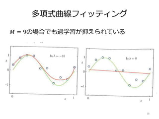 多項式曲線フィッティング
𝑀 = 9の場合でも過学習が抑えられている
18
 