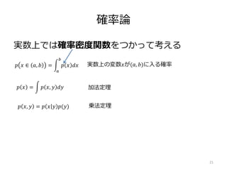確率論
実数上では確率密度関数をつかって考える
21
𝑝 𝑥 ∈ 𝑎, 𝑏 =
𝑎
𝑏
𝑝 𝑥 𝑑𝑥 実数上の変数𝑥が(𝑎, 𝑏)に入る確率
𝑝 𝑥 = 𝑝 𝑥, 𝑦 𝑑𝑦 加法定理
𝑝 𝑥, 𝑦 = 𝑝 𝑥 𝑦 𝑝(𝑦) 乗法定理
 