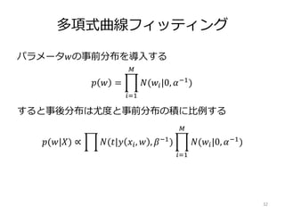 多項式曲線フィッティング
パラメータ𝑤の事前分布を導入する
すると事後分布は尤度と事前分布の積に比例する
32
𝑝 𝑤 =
𝑖=1
𝑀
𝑁(𝑤𝑖|0, 𝛼−1)
𝑝(𝑤|𝑋) ∝ 𝑁(𝑡|𝑦 𝑥𝑖, 𝑤 , 𝛽−1
)
𝑖=1
𝑀
𝑁(𝑤𝑖|0, 𝛼−1
)
 