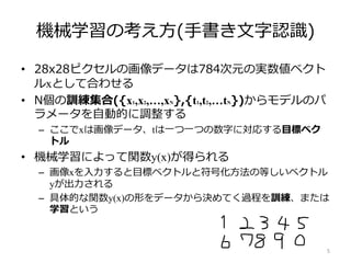 機械学習の考え方(手書き文字認識)
5
• 28x28ピクセルの画像データは784次元の実数値ベクト
ルxとして合わせる
• N個の訓練集合({x1,x2,…,xN},{t1,t2,…tN})からモデルのパ
ラメータを自動的に調整する
– ここでxは画像データ、tは一つ一つの数字に対応する目標ベク
トル
• 機械学習によって関数y(x)が得られる
– 画像xを入力すると目標ベクトルと符号化方法の等しいベクトル
yが出力される
– 具体的な関数y(x)の形をデータから決めてく過程を訓練、または
学習という
 