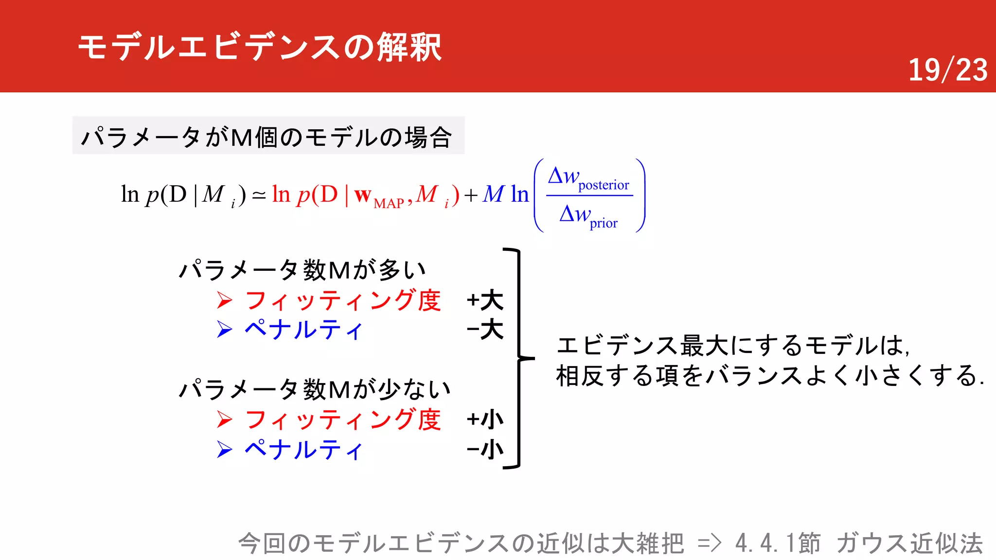 19/23
モデルエビデンスの解釈
posterior
pri
A
or
M P lnln ( | ) ln ( | , )iip
w
M
w
p
æ öD
ç ÷ç ÷D ø
+
è
wD D!M M
パラメータがＭ個のモデルの場合
エビデンス最大にするモデルは，
相反する項をバランスよく小さくする．
パラメータ数Ｍが多い
Ø フィッティング度 +大
Ø ペナルティ -大
パラメータ数Ｍが少ない
Ø フィッティング度 +小
Ø ペナルティ -小
今回のモデルエビデンスの近似は大雑把 => 4.4.1節 ガウス近似法
 