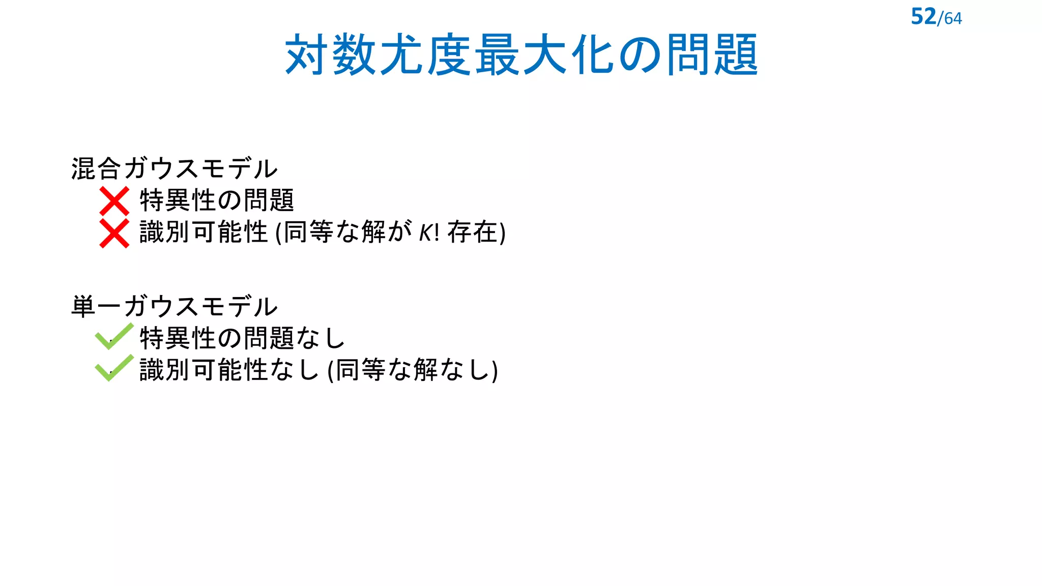 対数尤度最大化の問題
52/64
混合ガウスモデル
- 特異性の問題
- 識別可能性 (同等な解が K! 存在)
単一ガウスモデル
- 特異性の問題なし
- 識別可能性なし (同等な解なし)
 