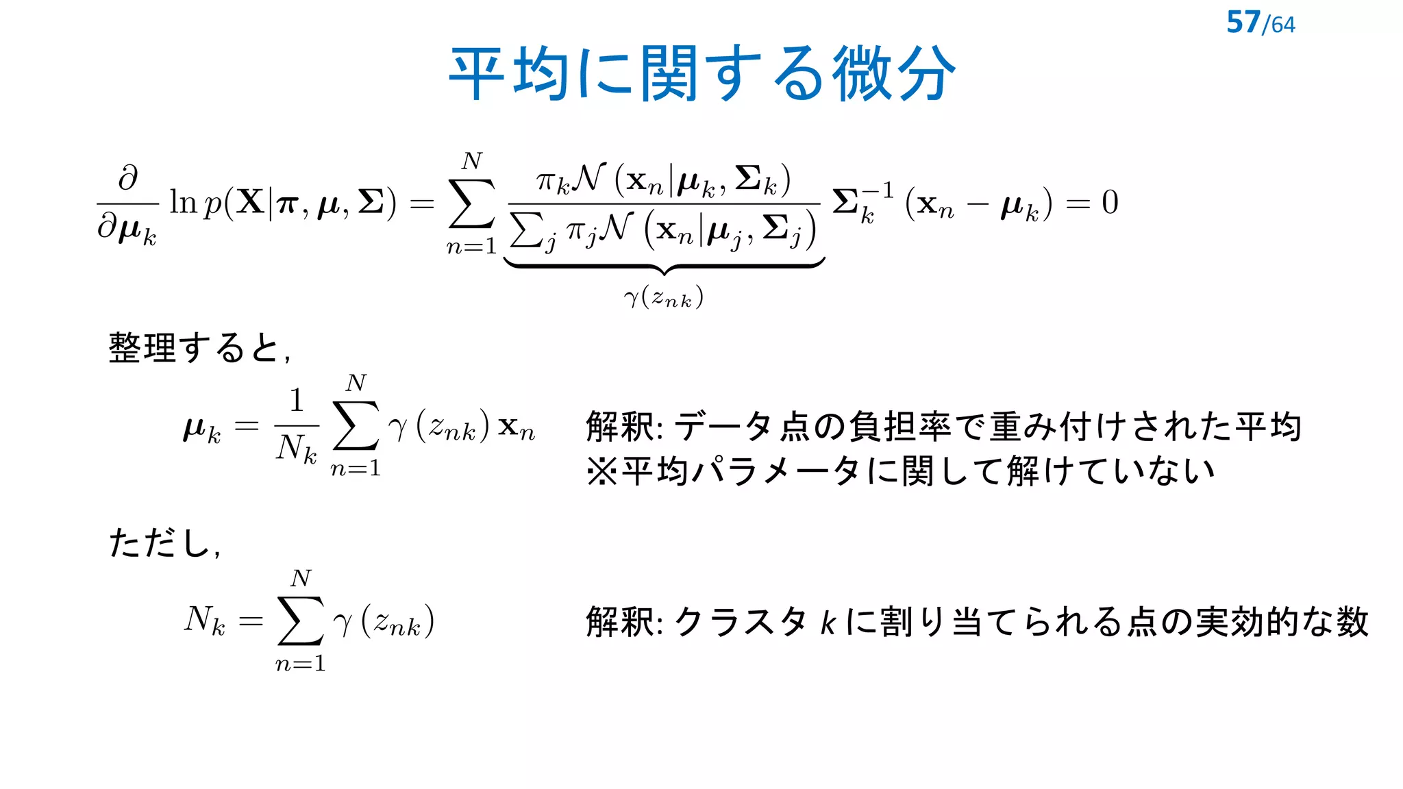 平均に関する微分
57/64
整理すると，
<latexit sha1_base64="2kG1QYgEPq7VMT2vMeEJrxdnKMI=">AAACcXicbVFNa9wwEJWdtEm3H9m0vZTQMmQppAQWuxSSSyDQS08lhWwSWG8XWSvvipVkI41Dtsb3/r7e+id66R/o2DElXwNCb957w8jPaaGVxyj6HYRr648eb2w+6T199vzFVn/75ZnPSyfkSOQ6dxcp91IrK0eoUMuLwkluUi3P0+XnRj+/lM6r3J7iqpATw+dWZUpwJGra/5mkuZ75laELKkhMCTVMCS3pPoIkc1xQF1NXwdf/Sg2JL03bWrI18vfWQMKcG8Mh0TLDPfjReZqhxKn5Aj/QEo6LNCP+qltmoZ72B9Ewagvug7gDA9bVybT/K5nlojTSotDc+3EcFTipuEMltKx7SellwcWSz+WYoOVG+knVJlbDe2JmkOWOjkVo2ZsTFTe+CYWczWP9Xa0hH9LGJWaHk0rZokRpxfWirNSAOTTxw0w5KVCvCHDhFL0VxIJTyEg/qUchxHc/+T44+ziMo2H87dPg+LCLY5PtsF22x2J2wI7ZF3bCRkywP8Hr4G3wLvgbvgkh3L22hkE384rdqnD/H75EtS8=</latexit>
ただし，
<latexit sha1_base64="4uvQjSxAVyYZUoZD3dEpACygsAs=">AAACL3icbVDLSgMxFM34tr6qLt0Ei6CbMiOC3QiCIK5KBdsKnXHIpJk2NMkMyR2hDv0jN/5KNyKKuPUvTNtZ+LoQcu6555DcE6WCG3DdF2dufmFxaXlltbS2vrG5Vd7eaZkk05Q1aSISfRsRwwRXrAkcBLtNNSMyEqwdDS4m8/Y904Yn6gaGKQsk6Skec0rAUmH5so5DnOMBHuEz7JtMTltlG89SdxbX7e33iJQE+4LFcIgfCs3E5Gve68NRWK64VXda+C/wClBBRTXC8tjvJjSTTAEVxJiO56YQ5EQDp4KNSn5mWErogPRYx0JFJDNBPt13hA8s08Vxou1RgKfsd0dOpDFDGVmlJNA3v2cT8r9ZJ4O4FuRcpRkwRWcPxZnAkOBJeLjLNaMghhYQqrn9K6Z9ogkFG3HJhuD9XvkvaB1XPbfqXZ9UzmtFHCtoD+2jQ+ShU3SOrlADNRFFj2iMXtGb8+Q8O+/Ox0w65xSeXfSjnM8v7iSkLQ==</latexit>
解釈: データ点の負担率で重み付けされた平均
解釈: クラスタ k に割り当てられる点の実効的な数
※平均パラメータに関して解けていない
<latexit sha1_base64="Qb5m1Z1e6+j4RkjyvYnjnWUl/WQ=">AAAEHHicrZNNixMxGMezM76s9WW7evTyYBFa2C0zi+BeCgtePMmKdrfQ1CGTZrppk8wwyYh1nA/ixa/ixYMiXjwIfhuTvtHtLj0ZGObPP/8n+eUhiTPBtQmCvzuef+Pmrdu7d2p3791/sFfff3im0yKnrEtTkea9mGgmuGJdw41gvSxnRMaCnceTF27+/D3LNU/VWzPN2ECSkeIJp8RYK9r3jnCSE1rijOSGE1GtFJQ4TsVQT6X9YVlU0aTCQkEGTcCSmIs4gRJ6UMEnWEsCzjgcXHJKmy9s7mCtDr/hI0ms2ap1AOtCQmRdBR0IrfnO6lf2jws1ZHlsAZktcaCu1G7gwhMXcAtSBzvPC5aYdbwP1pwvvIm5hFqudC3capucjy5My6rSsUbluFphjP8bxngbxngdo4pKPCJSkubHqFSTqlVto3fdPJz1dSvY4db+LPfuQBDVG0E7mA24KsKFaKDFOI3qv/EwpYVkylBBtO6HQWYGpbtnVLCqhgvNMkInZMT6VioimR6Us8tdwVPrDCFJc/spAzN3vaIkUjtmm3TH0ptzzrxurl+Y5HhQcpUVhik63ygpBJgU3EuBIc8ZNWJqBaE5t6xAL4i9g8a+p5ptQrh55Kvi7KgdBu3w9bPGyfGiHbvoMXqCmihEz9EJeolOURdR77P31fvu/fC/+N/8n/6vedTbWdQ8QpeG/+cfOzhKBQ==</latexit>
 