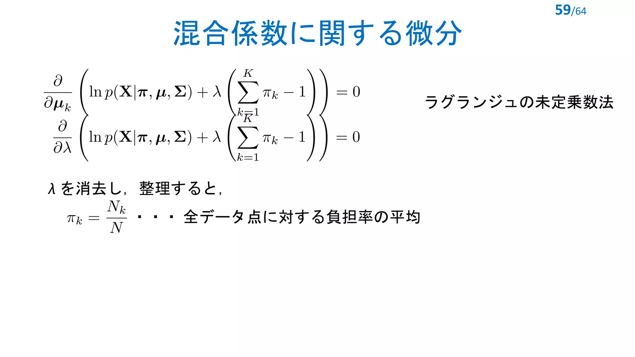 混合係数に関する微分
59/64
λ を消去し，整理すると，
・・・ 全データ点に対する負担率の平均
<latexit sha1_base64="dlR9McOw8fGLGWehcy0AhL8i9r0=">AAACu3icbVFNj9MwEHXC11K+Chy5jKiQugKqBCHRy0orcUHisgi6W6nuVo7jpN7aTuQPpCr0T3Lj3zBpAlq6jBT55c2bGftNVivpfJL8iuJbt+/cvXd0f/Dg4aPHT4ZPn527KlguZrxSlZ1nzAkljZh56ZWY11YwnSlxkW0+tvmL78I6WZlvfluLpWalkYXkzCO1Gv6khWUcGqA1s14yBbvrP1Rhq5whSZUo/JgqAzWMgWrm11mB0jnmfgDNKpW7rcZjXy6RfXPI6tCxf2vpV1nqtvkxvP4zqpsD1AUNK9Rs4ARSlFwi/tzeA3t3/A7eYoZaWa79cX+gOFkNR8kk2QfcBGkPRqSPs9aEvOJBC+O5Ys4t0qT2y6a1gCuxG9DgRM34hpVigdAwLdyy2Xu/g1fI5FBUFj/jYc9er2iYdq0FqGzf7Q5zLfm/3CL4YrpspKmDF4Z3g4qgwFfQLhJyaQX3aouAcSvxrsDXDJfpcd0DNCE9fPJNcP5ukiaT9Mv70em0t+OIvCAvyZik5AM5JZ/IGZkRHk2jy6iM1vFJzOOrWHXSOOprnpN/Ig6/AZ2e0Ao=</latexit>
<latexit sha1_base64="L3bp3j7RLTFdDjdfbRGjF8tcdqs=">AAACxnicbVFdi9NAFJ3Er7V+VX305WIRuqglEcF9ERb2ZcGXFe1uoVPDZDpph85MwnwoJQb8jb754H/xpglSu14Ic3LOuXPn3ptXSjqfJL+i+MbNW7fvHN0d3Lv/4OGj4eMnl64MlospL1VpZzlzQkkjpl56JWaVFUznSlzlm7NWv/oqrJOl+ey3lVhotjKykJx5pLLhb1pYxqEGWjHrJVPQ7P/UNC/V0m01HlSHJtugTpUo/JgqAxWMgWrm13mBWTPUvsNexu4mieyrQ1aHjv2bSz/JlWZIHsNLLIANLFlXB6gLGjL0bOA9pGj5gvhD+w68u+MbeI0KtXK19sf9geYkG46SSbILuA7SHoxIHxfZ8CddljxoYTxXzLl5mlR+UbfT4Eo0AxqcqBjfsJWYIzRMC7eod2to4AUySyhKi5/xsGP3M2qmXTsCdLZ9u0OtJf+nzYMvTha1NFXwwvCuUBEU+BLancJSWsG92iJg3Ep8K/A1w7163PwAh5AetnwdXL6ZpMkk/fh2dHrSj+OIPCPPyZik5B05JefkgkwJj84iGdnIxeexiUP8rbPGUZ/zlPwT8Y8/jwTVTg==</latexit>
<latexit sha1_base64="iQku1rRghbPPOPFT853maCe+/T4=">AAACEHicbVDLSsNAFL3xWesr6tLNYBFdlUQEuxEKblxJBfuAJoTJdNIOnTyYmQgl5BPc+CtuXCji1qU7/8ZpGkRbDwyce8693LnHTziTyrK+jKXlldW19cpGdXNre2fX3NvvyDgVhLZJzGPR87GknEW0rZjitJcIikOf064/vpr63XsqJIujOzVJqBviYcQCRrDSkmeeOAlDHsrQGOXoEjmBwERXNz9aXlS5Z9asulUALRK7JDUo0fLMT2cQkzSkkSIcS9m3rUS5GRaKEU7zqpNKmmAyxkPa1zTCIZVuVhyUo2OtDFAQC/0ihQr190SGQyknoa87Q6xGct6biv95/VQFDTdjUZIqGpHZoiDlSMVomg4aMEGJ4hNNMBFM/xWREdaZKJ1hVYdgz5+8SDpndduq27fntWajjKMCh3AEp2DDBTThGlrQBgIP8AQv8Go8Gs/Gm/E+a10yypkD+APj4xtq65mh</latexit>
ラグランジュの未定乗数法
 