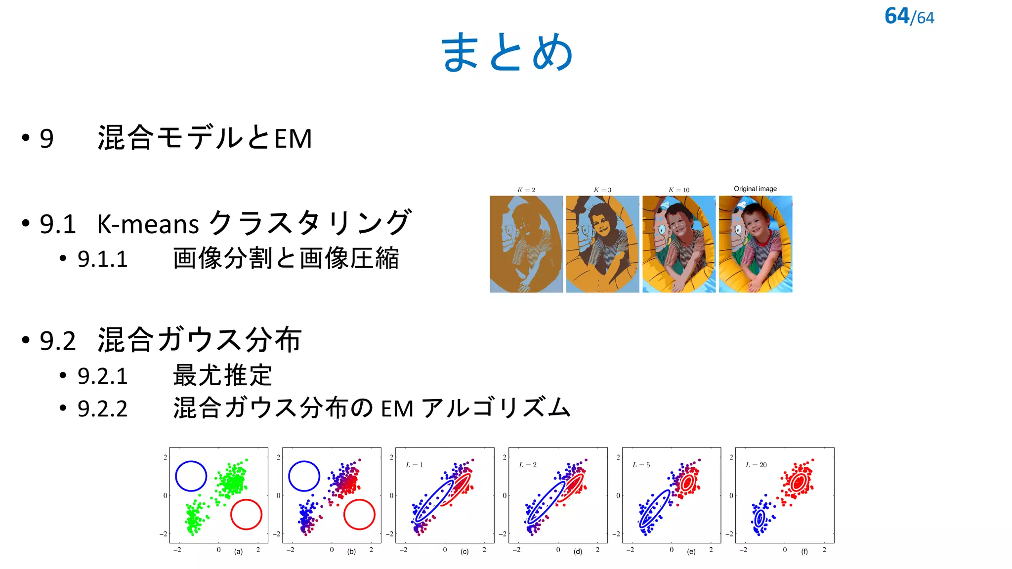 まとめ
• 9 混合モデルとEM
• 9.1 K-means クラスタリング
• 9.1.1 画像分割と画像圧縮
• 9.2 混合ガウス分布
• 9.2.1 最尤推定
• 9.2.2 混合ガウス分布の EM アルゴリズム
64/64
 