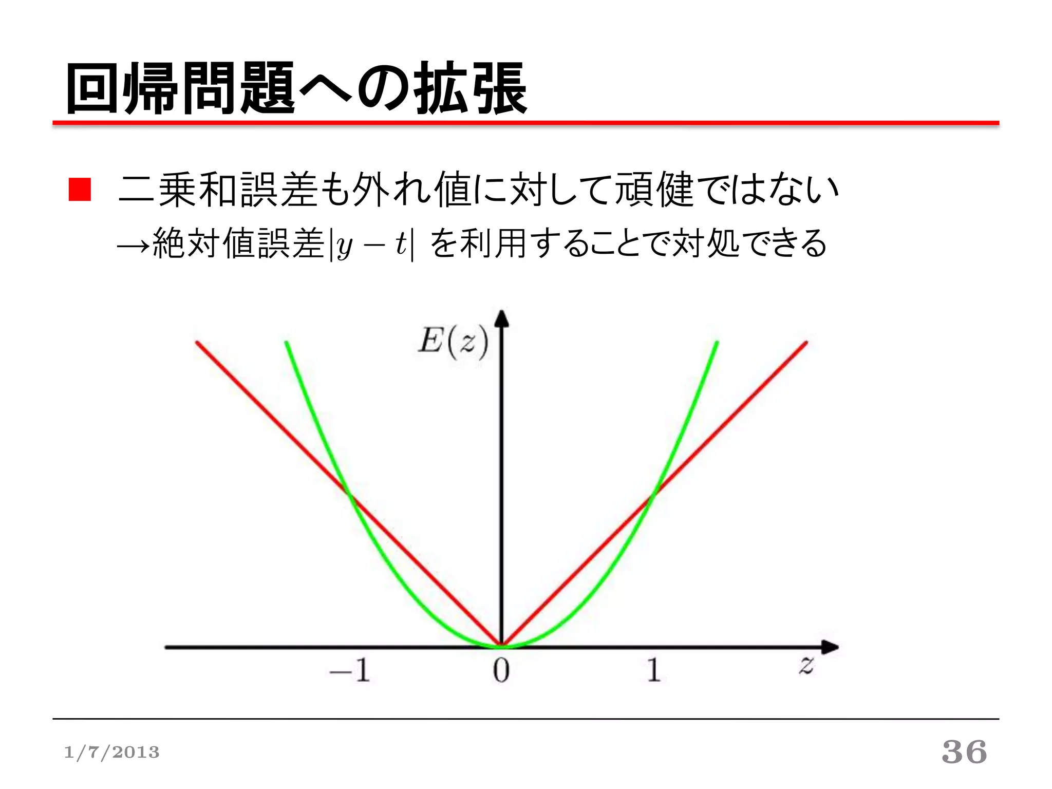回帰問題への拡張
    二乗和誤差も外れ値に対して頑健ではない
    →絶対値誤差   を利用することで対処できる




1/7/2013                     36
 