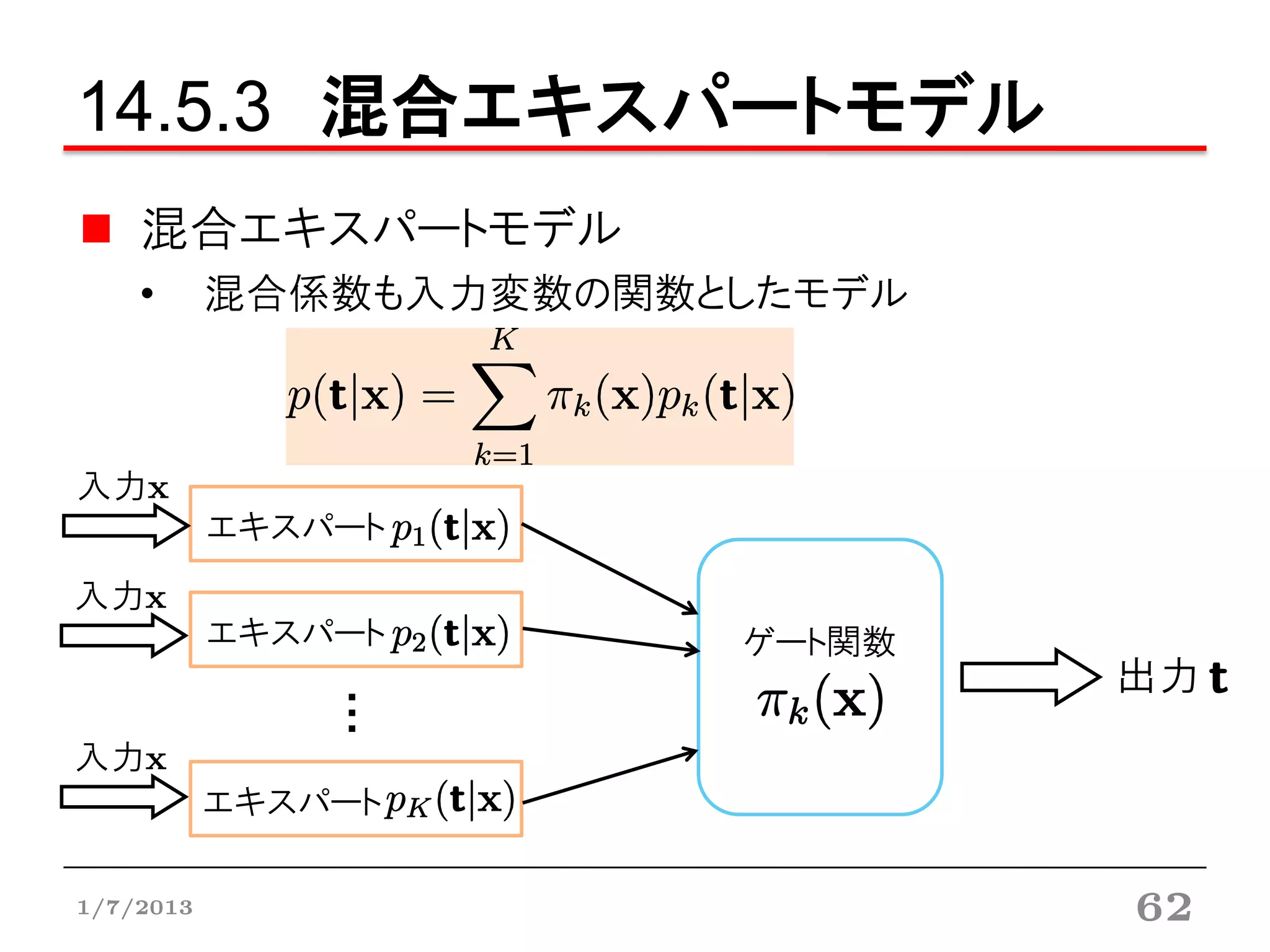 14.5.3 混合エキスパートモデル
    混合エキスパートモデル
    •      混合係数も入力変数の関数としたモデル



入力x
           エキスパート
入力x
           エキスパート       ゲート関数
                                出力
               ・・・




入力x
           エキスパート

1/7/2013                        62
 