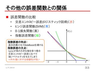 その他の誤差関数との関係
    誤差関数の比較
    •      交差エントロピー誤差(ロジスティック回帰)（赤）
    •      ヒンジ誤差関数(SVM)（青）
    •      0-1損失関数（黒）
    •      指数誤差関数（緑）

 指数誤差の利点：
  逐次的最小化でAdaBoostを導ける
 指数誤差の欠点：
  ty(x)が負の大きな値を保つ場合
  交差エントロピー誤差に比べて
  強いペナルティを与えてしまう
  ⇨外れ値に対する頑健性が低い


1/7/2013                              33
 