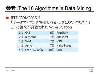 参考：The 10 Algorithms in Data Mining
    IEEE ICDM2006で
    「データマイニングで使われるトップ10アルゴリズム」
    という論文が発表された(Wu et al., 2006)
           1位 C4.5       6位 PageRank
           2位 K-means    7位 AdaBoost
           3位 SVM        7位 kNN
           4位 Apriori    7位 Naïve Bayes
           5位 EMアルゴリズム   10位 CART




1/7/2013                                  40
 