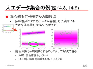 人工データ集合の例(図14.8, 14.9)
    混合線形回帰モデルの問題点
    •      多峰性分布のためデータが存在しない領域にも
           大きな確率値を持つところがある




    •      混合係数もxの関数とすることによって解決できる
           • 5.6節 混合密度ネットワーク
           • 14.5.3節 階層的混合エキスパートモデル

1/7/2013                              56
 