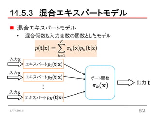 14.5.3 混合エキスパートモデル
    混合エキスパートモデル
    •      混合係数も入力変数の関数としたモデル



入力x
           エキスパート
入力x
           エキスパート       ゲート関数
                                出力
               ・・・




入力x
           エキスパート

1/7/2013                        62
 