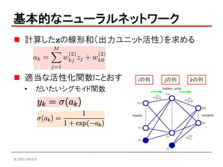 基本的なニューラルネットワーク
    計算したzの線形和（出力ユニット活性）を求める



    適当な活性化関数にとおす      iの列   jの列   kの列
    •   だいたいシグモイド関数




4/25/2012
 