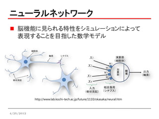 ニューラルネットワーク
    脳機能に見られる特性をシミュレーションによって
    表現することを目指した数学モデル




            http://www.lab.kochi-tech.ac.jp/future/1110/o...