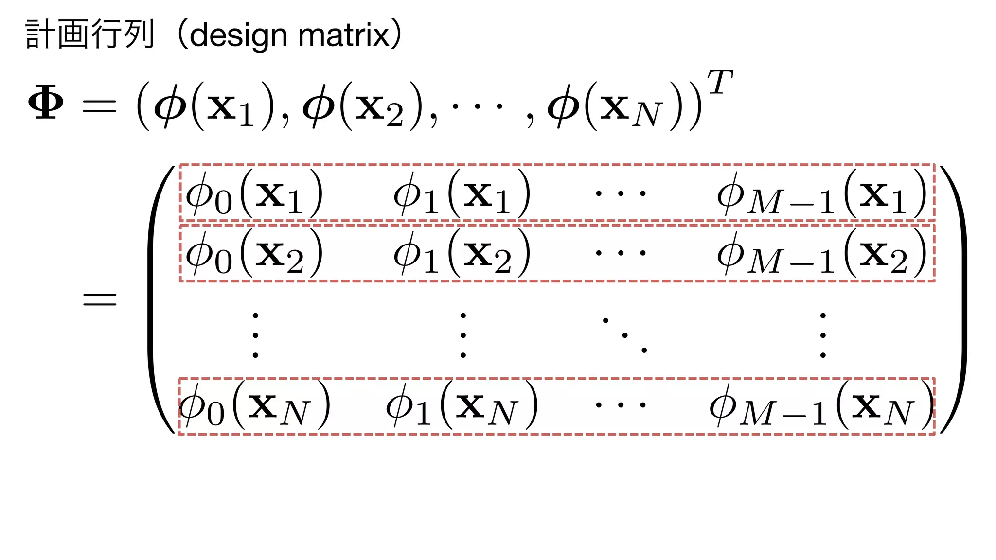 = ( (x1), (x2), · · · , (xN ))
T
=
0
B
B
B
@
0(x1) 1(x1) · · · M 1(x1)
0(x2) 1(x2) · · · M 1(x2)
...
...
...
...
0(xN ) 1(xN ) · · · M 1(xN )
1
C
C
C
A
計画行列（design matrix）
8	
 