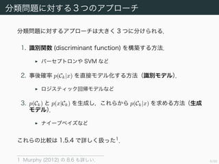 6/94
分類問題に対する 3 つのアプローチ
分類問題に対するアプローチは大きく 3 つに分けられる．
1. 識別関数 (discriminant function) を構築する方法．
パーセプトロンや SVM など
2. 事後確率 p(Ck|x) を直接モデル化する方法（識別モデル）．
ロジスティック回帰モデルなど
3. p(Ck) と p(x|Ck) を生成し，これらから p(Ck|x) を求める方法（生成
モデル）．
ナイーブベイズなど
これらの比較は 1.5.4 で詳しく扱った 1
．
1 Murphy (2012) の 8.6 も詳しい．
 