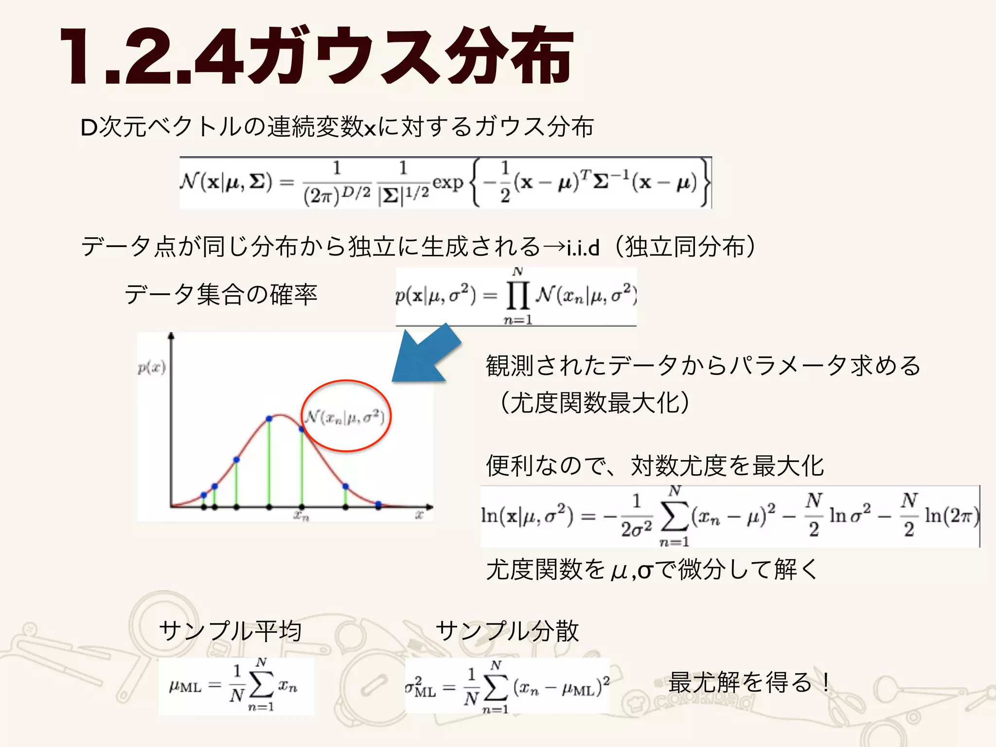 D次元ベクトルの連続変数xに対するガウス分布
1.2.4ガウス分布
データ点が同じ分布から独立に生成される→i.i.d（独立同分布）
データ集合の確率
観測されたデータからパラメータ求める	

（尤度関数最大化）
便利なので、対数尤度を最大化
尤度関数をμ,σで微分して解く
サンプル平均 サンプル分散
最尤解を得る！
 