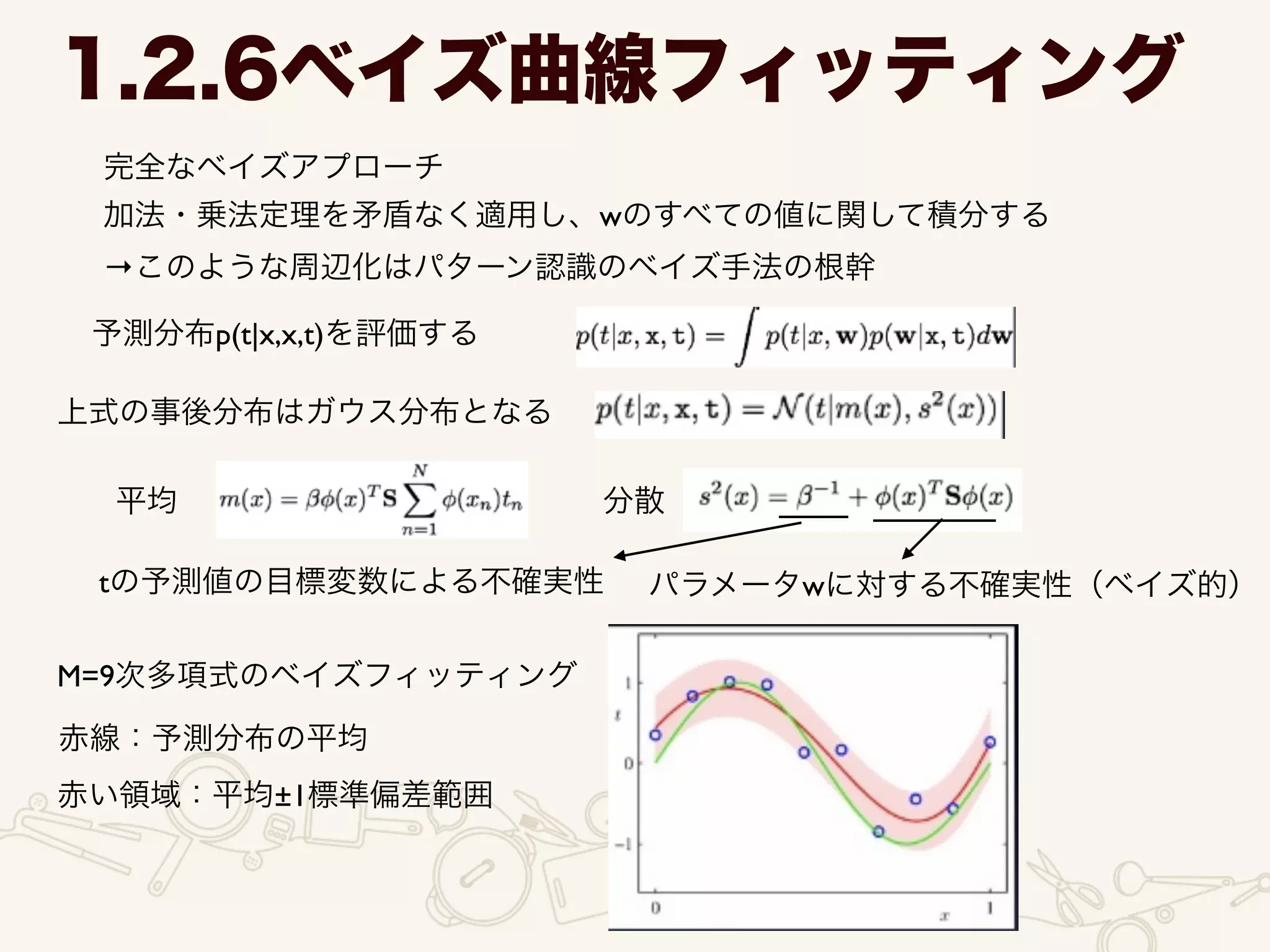 1.2.6ベイズ曲線フィッティング
完全なベイズアプローチ	

加法・乗法定理を矛盾なく適用し、wのすべての値に関して積分する	

→このような周辺化はパターン認識のベイズ手法の根幹
予測分布p(t|x,x,t)を評価する
上式の事後分布はガウス分布となる
平均 分散
tの予測値の目標変数による不確実性 パラメータwに対する不確実性（ベイズ的）
M=9次多項式のベイズフィッティング
赤線：予測分布の平均
赤い領域：平均±1標準偏差範囲
 