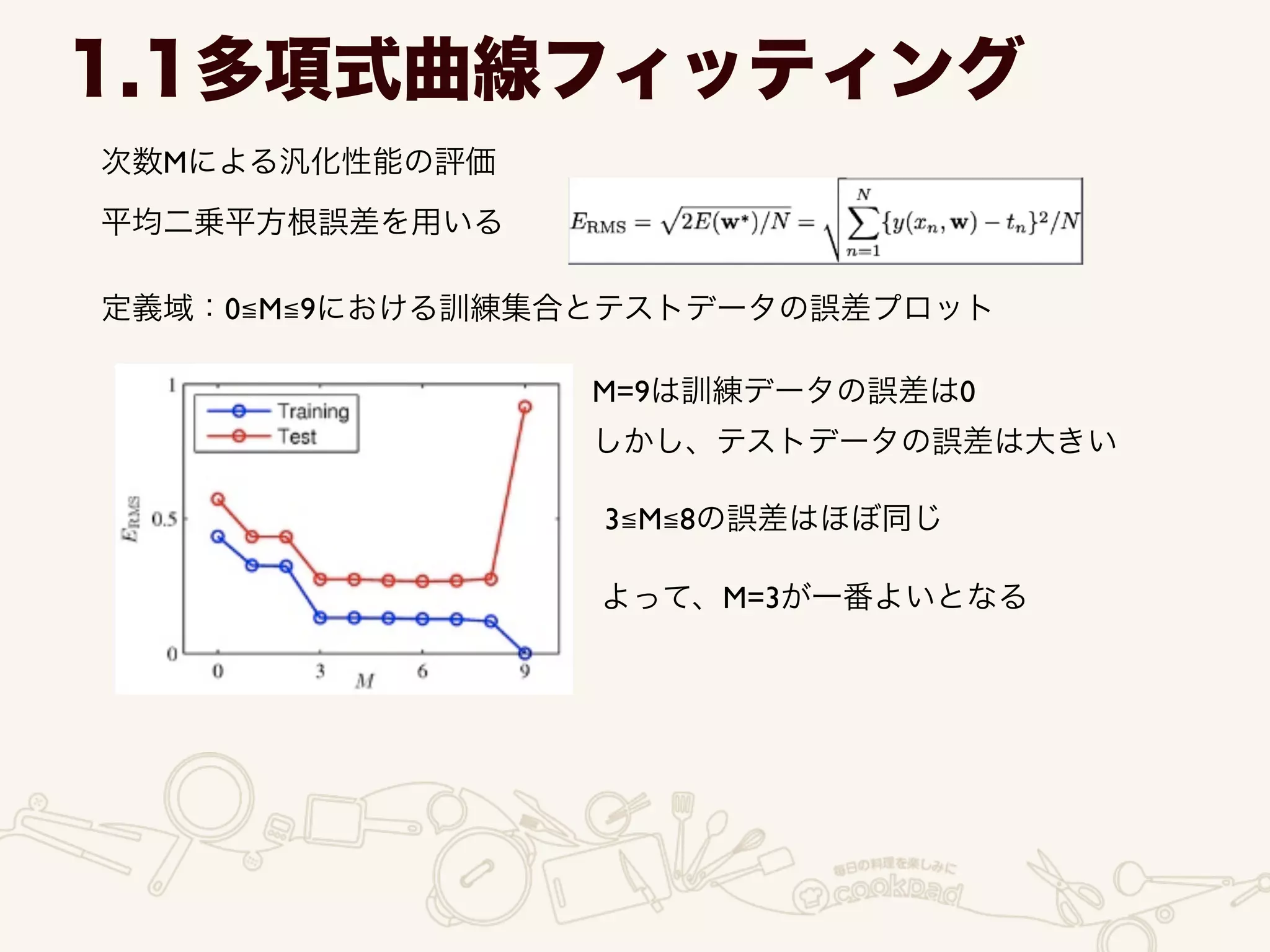 次数Mによる汎化性能の評価
1.1多項式曲線フィッティング
平均二乗平方根誤差を用いる
定義域：0≦M≦9における訓練集合とテストデータの誤差プロット
M=9は訓練データの誤差は0	

しかし、テストデータの誤差は大きい
3≦M≦8の誤差はほぼ同じ
よって、M=3が一番よいとなる
 