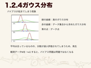 バイアスが起きてしまう現象
1.2.4ガウス分布
緑の曲線：真のガウス分布
赤の曲線：データ集合から求めたガウス分布
青の点：データ点
平均は合っているものの、分散が過小評価されてしまうため、発生
観測データNを→ にすると、バイアス問題は問題ではなくなる
 