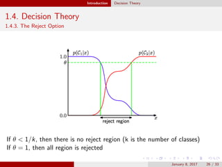 Introduction Decision Theory
1.4. Decision Theory
1.4.3. The Reject Option
If θ < 1/k, then there is no reject region (k is the number of classes)
If θ = 1, then all region is rejected
January 8, 2017 26 / 33
 