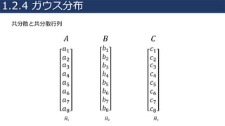 共分散と共分散⾏列
𝐴
𝑎4
𝑎"
𝑎;
𝑎<
𝑎=
𝑎>
𝑎@
𝑎
𝐵
𝑏4
𝑏"
𝑏;
𝑏<
𝑏=
𝑏>
𝑏@
𝑏
𝐶
𝑐4
𝑐"
𝑐;
𝑐<
𝑐=
𝑐>
𝑐@
𝑐
𝑀84 𝑀8" 𝑀8;
1.2.4 ガウス分布
 