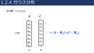 共分散：𝐶𝑂𝑉(A, C)
𝐴 𝐶
𝑀8;
= 𝑨 − 𝑴8 𝟏 •(𝑪 − 𝑴8 𝟑)𝑪𝑶𝑽
𝑐4
𝑐"
𝑐;
𝑐<
𝑐=
𝑐>
𝑐@
𝑐
𝑎4
𝑎"
𝑎;
𝑎<
𝑎=
𝑎>
𝑎@
𝑎
𝑀84
1.2.4 ガウス分布
 