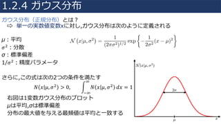 ガウス分布（正規分布）とは？
⇨ 単⼀の実数値変数xに対し,ガウス分布は次のように定義される
μ：平均
𝜎"：分散
σ：標準偏差
1/𝜎"：精度パラメータ
さらに,この式は次の2つの条件を満たす
𝑁 𝑥 𝜇, 𝜎" > 0, ) 𝑁 𝑥 𝜇, 𝜎"
*
+*
𝑑𝑥 = 1																																													
右図は1変数ガウス分布のプロット
μは平均,σは標準偏差
分布の最⼤値を与える最頻値は平均と⼀致する
1.2.4 ガウス分布
 