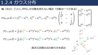 𝑃 𝑥1; 𝜇, Σ = {	𝑥1
1
− 𝑢_
1 , 𝑥1
(2)
− 𝑢_
(2),.. 𝑥1
(𝑑)
− 𝑢_
(𝑑)}	
𝑥1
1
− 𝑢_
1
𝑥1
2
− 𝑢_
(2)
.
.
.
𝑥1
𝑑
− 𝑢_
(𝑑)
𝑃 𝑥1; 𝜇, Σ =
1
𝜎2 {(𝑥1
1
− 𝑢 1 )2+(𝑥1
2
− 𝑢 2 )2+..(𝑥1
𝑑
− 𝑢 𝑑 )2}	
1
𝜎2
⋯ 0
⋮ ⋱ ⋮
0 ⋯
1
𝜎2
𝑃 𝑥2; 𝜇, Σ =
1
𝝈2 {(𝑥2
1
− 𝑢 1 )2+(𝑥2
2
− 𝑢 2 )2+..(𝑥2
𝑑
− 𝑢 𝑑 )2}
𝑥(1)
𝑥(2)
𝑥(𝑑)
𝒙 𝟏
𝟐
𝒙 𝟏
𝟏
𝒙 𝟏
𝟑
𝒙 𝟏
𝒅
𝒙 𝟐
𝟏 𝒙 𝟐
𝟐
𝒙 𝟐
𝟑
𝒙 𝟐
𝒅
𝑢 1
𝝈
𝑢 2
𝑢 3
𝑥(3)
𝑢 𝑑
軸（次元）ごとに,平均しか分散を持たない場合（分散は⼀つである）
⾼次元空間の点の取り⽅を図⽰
1.2.4 ガウス分布
 