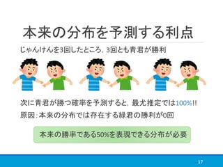 本来の分布を予測する利点
じゃんけんを3回したところ，3回とも青君が勝利
次に青君が勝つ確率を予測すると，最尤推定では100%!!
原因：本来の分布では存在する緑君の勝利が0回
17
本来の勝率である50%を表現できる分布が必要
 
