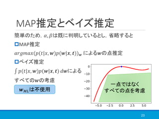 MAP推定とベイズ推定
簡単のため，𝛼, 𝛽は既に判明しているとし，省略すると
MAP推定
𝑎𝑟𝑔𝑚𝑎𝑥(𝑝(𝑡|𝑥, 𝒘)𝑝(𝒘|𝒙, 𝒕)) 𝒘 による𝒘の点推定
ベイズ推定
‫׬‬ 𝑝(𝑡|𝑥, 𝒘)𝑝(𝒘|𝒙, 𝒕) 𝑑𝒘による
すべての𝒘の考慮
23
一点ではなく
すべての点を考慮𝒘 𝑀𝐿は不使用
 