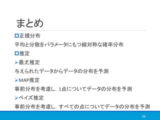 まとめ
正規分布
平均と分散をパラメータにもつ線対称な確率分布
推定
➢最尤推定
与えられたデータからデータの分布を予測
➢MAP推定
事前分布を考慮し，1点についてデータの分布を予測
➢ベイズ推定
事前分布を考慮し，すべての点についてデータの分布を予測
26
 