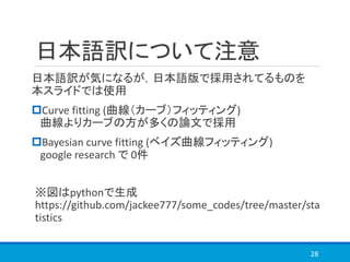 日本語訳について注意
日本語訳が気になるが，日本語版で採用されてるものを
本スライドでは使用
Curve fitting (曲線（カーブ）フィッティング)
曲線よりカーブの方が多くの論文で採用
Bayesian curve fitting (ベイズ曲線フィッティング)
google research で 0件
※図はpythonで生成
https://github.com/jackee777/some_codes/tree/master/sta
tistics
28
 