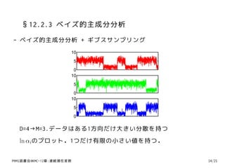 §12.2.3 ベイズ的主成分分析
- ベイズ的主成分分析 + ギブスサンプリング
                     10

                         5

                      0
                     10

                         5

                      0
                     10

                         5

                         0

  D=4→M=3.データはある1方向だけ大きい分散を持つ
  ln αi のプロット．1つだけ有限の小さい値を持つ．


PRMl読書会@KMC-12章:連続潜在変数          14/21
 