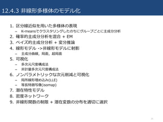 12.4.3 ?ζΥǥ뻯
1. ־Ƥ?αF
C K-meansǥ饹󥰤Τ˥`פȤɷַ
2. _ʵɷַ + EM
3. ٥ɷַ + Փ
4. Υǥ ->?ΥǥӰ
C ɷ??
5. ҕ
C Ԫ߶Șɷ
C ?ӋԪ߶Șɷ
6. ΥѥȥåʴԪpȿҕ
C z(LLE)
C ?؏д(isomap)
7. Ǳԥǥ
8. ܶȥͥåȥ`
9. ?v + ǱډηֲmФxk
25
 