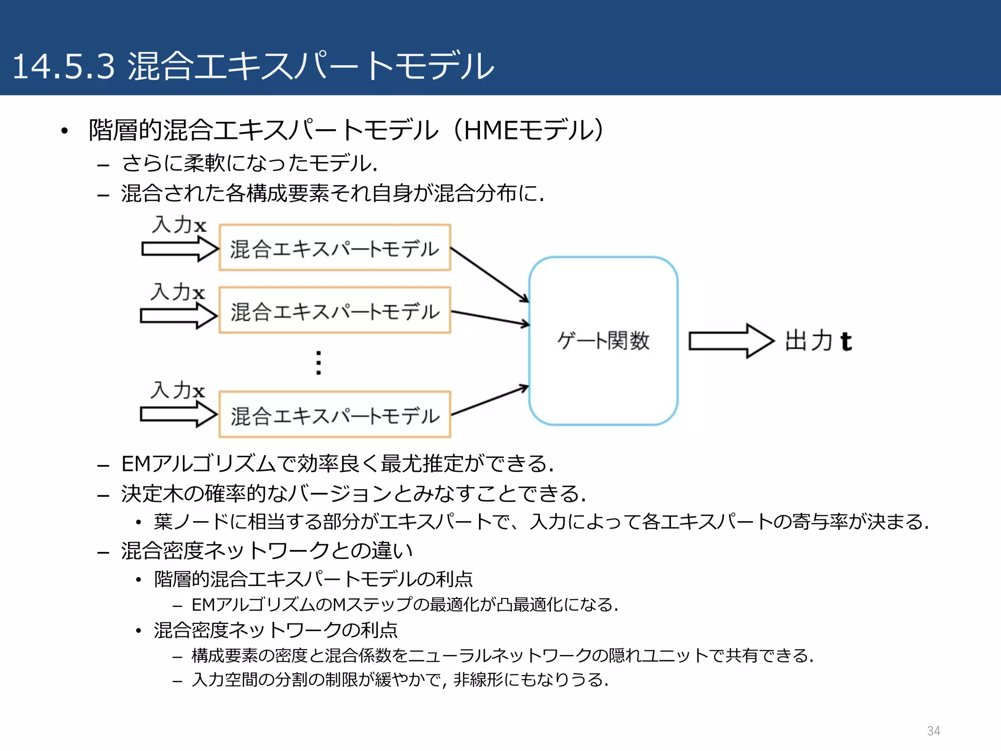 14.5.3 混合エキスパートモデル
• 階層的混合エキスパートモデル（HMEモデル）
– さらに柔軟になったモデル.
– 混合された各構成要素それ⾃⾝が混合分布に.
– EMアルゴリズムで効率良く最尤推定ができる.
– 決定⽊の確率的なバージョンとみなすことできる.
• 葉ノードに相当する部分がエキスパートで、⼊⼒によって各エキスパートの寄与率が決まる.
– 混合密度ネットワークとの違い
• 階層的混合エキスパートモデルの利点
– EMアルゴリズムのMステップの最適化が凸最適化になる.
• 混合密度ネットワークの利点
– 構成要素の密度と混合係数をニューラルネットワークの隠れユニットで共有できる.
– ⼊⼒空間の分割の制限が緩やかで, ⾮線形にもなりうる.
34
 