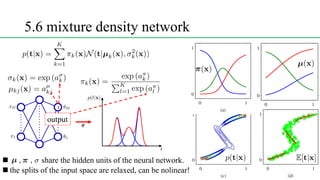 5.6 mixture density network
<latexit sha1_base64="(null)">(null)</latexit>
<latexit sha1_base64="(null)">(null)</latexit>
<latexit sha1_base64="(null)">(null)</latexit>
<latexit sha1_base64="(null)">(null)</latexit>
output
<latexit sha1_base64="(null)">(null)</latexit>
<latexit sha1_base64="(null)">(null)</latexit>
<latexit sha1_base64="(null)">(null)</latexit>
<latexit sha1_base64="(null)">(null)</latexit>
n share the hidden units of the neural network.
n the splits of the input space are relaxed, can be nolinear!
<latexit sha1_base64="(null)">(null)</latexit>
<latexit sha1_base64="(null)">(null)</latexit>
<latexit sha1_base64="(null)">(null)</latexit>
 