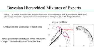 Bayesian Hierarchical Mixtures of Experts
Bishop, C. M. and M. Svense ́n (2003). Bayesian hierarchical mixtures of experts. In U. Kjaerulff and C. Meek (Eds.),
Proceedings Nineteenth Conference on Uncertainty in Artificial Intelligence, pp. 57–64. Morgan Kaufmann.
Application: the kinematics of robot arms
inverse problem
two pattern
Input: parameters and angles of the robot arm.
Output : the end effector of the robot arm .
 