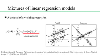 Mixtures of linear regression models
<latexit sha1_base64="(null)">(null)</latexit>
n A general of switching regression
, 9 3 79 7 97 3 9 8 7 70 7 A7 1 7 3 3 7 )93 . 7
) 1 (
Linear regression
 