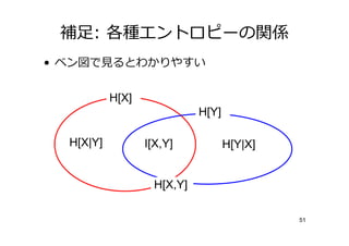 補足: 各種エントロピーの関係
• ベン で     るとわかり すい


           H[X]
                             H[Y]

  H[X|Y]          I[X,Y]            H[Y|X]


                    H[X,Y]

                                             51
 
